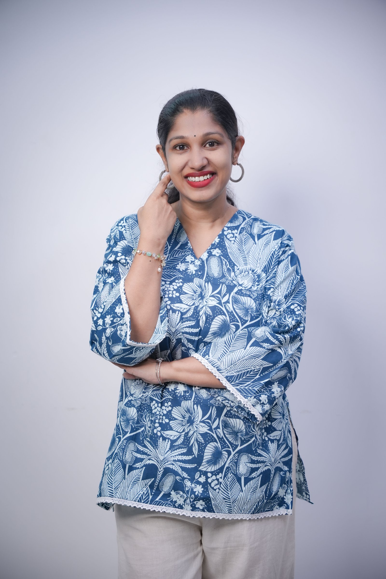 Indigo Blue Floral Block Print Cotton Short Kurti